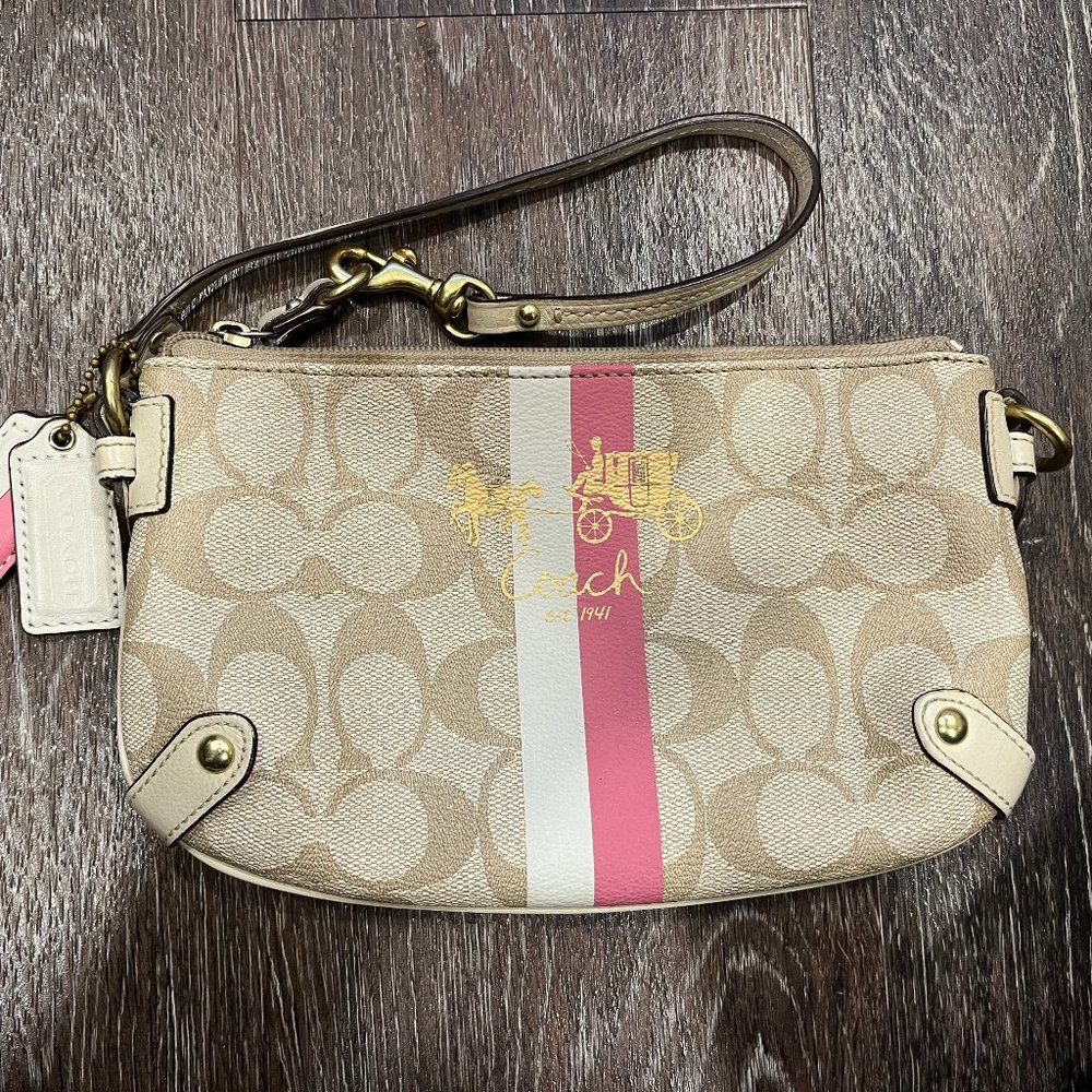 Authentic Tan Clutch Coach with Pink and White Stripe